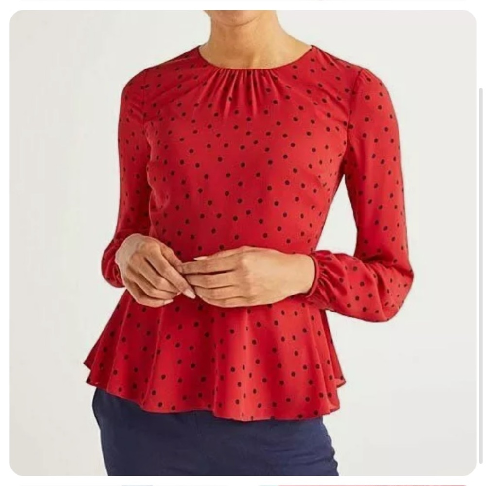 BODEN Blouse Red Poinsettia Polka Spot Dot Sena Peplum Top Size 10